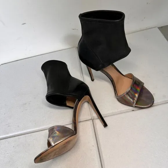 Gianvito Rossi Leather & Iridescent Heel Sandals Sz 8 Black Luxe Stiletto - Picture 6 of 16